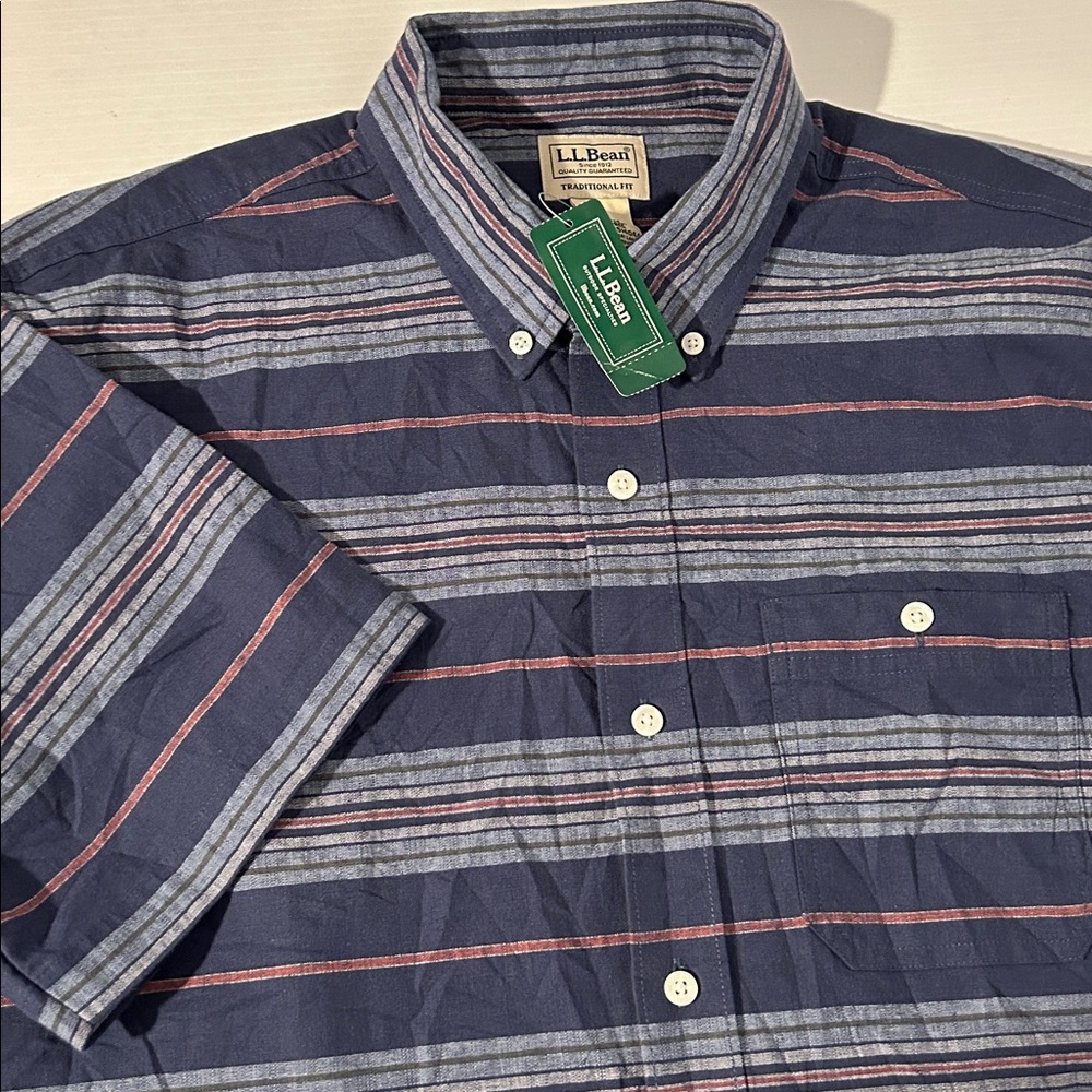 New LL Bean comfort stretch chambray short sleeve stripe shirt medium regular